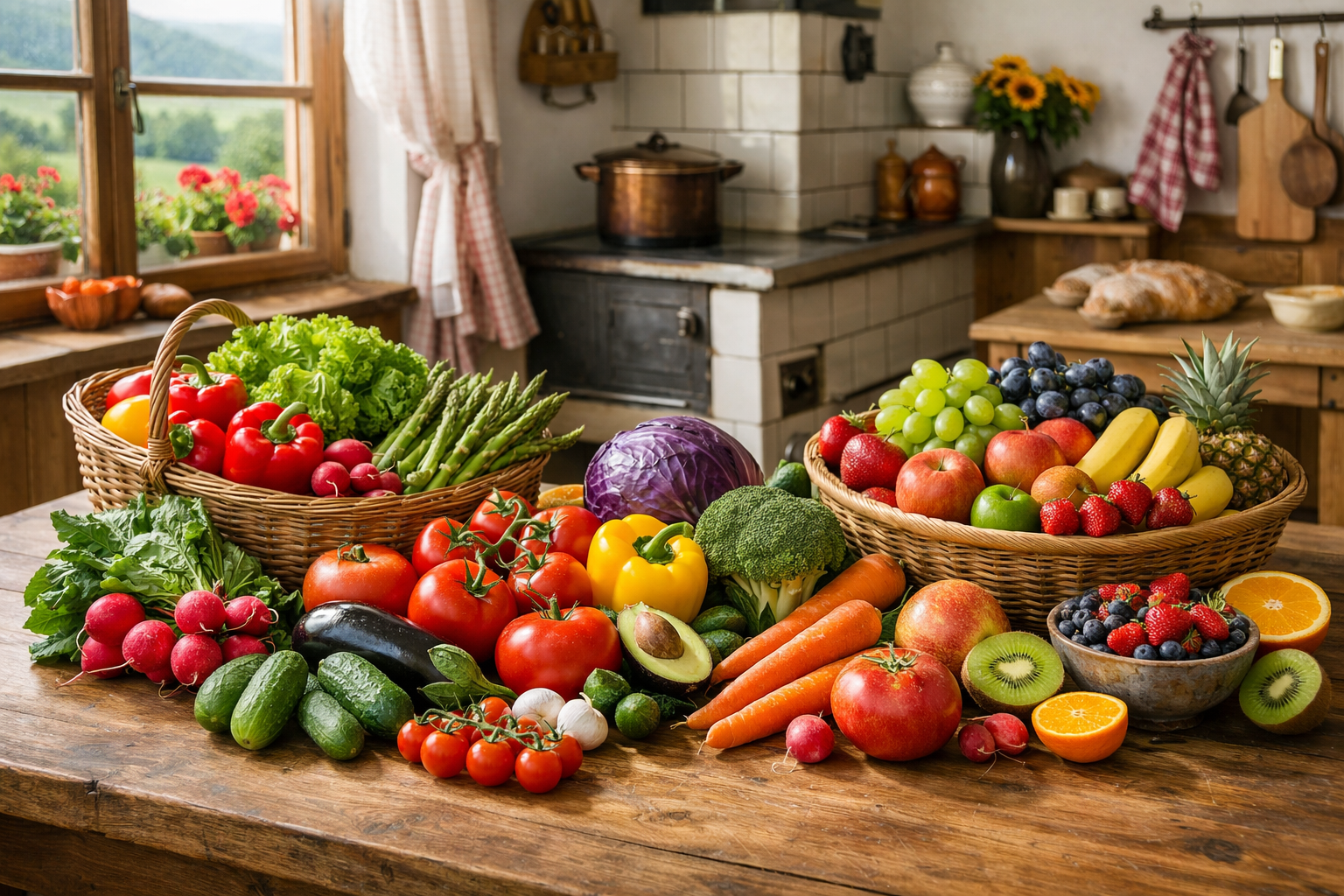 Frisches buntes Gemüse und Obst auf einem Holztisch in einer österreichischen Küche