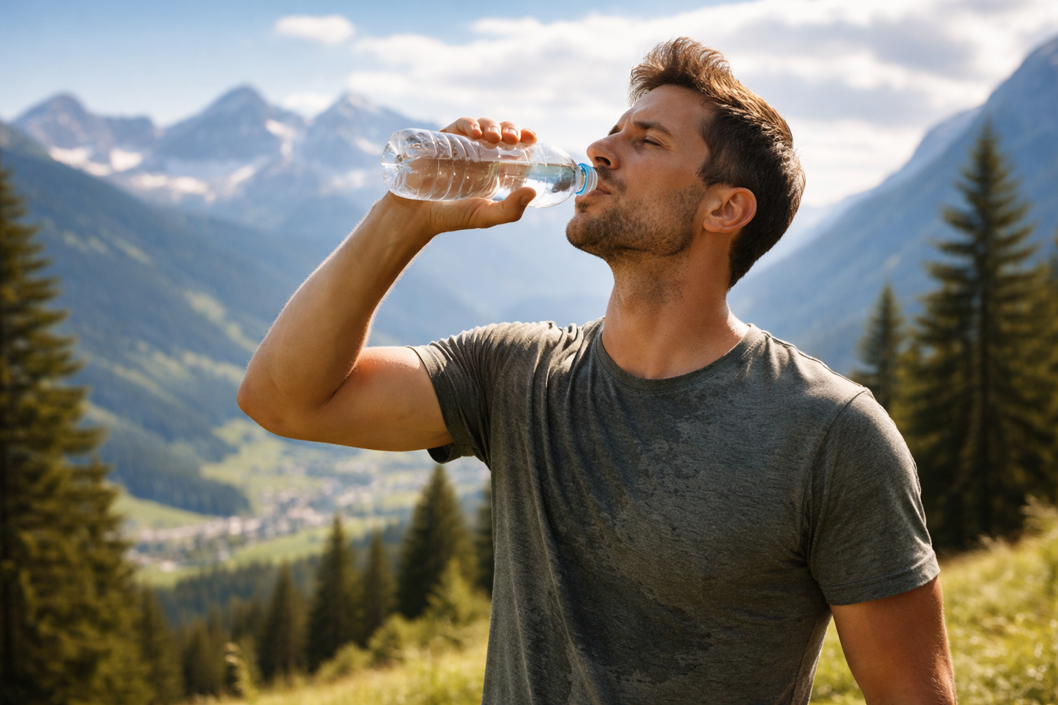 Person trinkt Wasser nach Outdoor-Bewegung vor österreichischer Berglandschaft